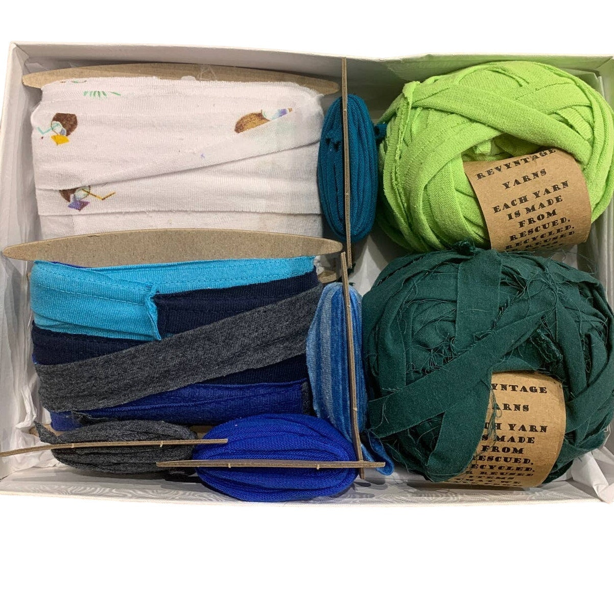 100 yds Handmade Upcycled T-Shirt Fabric Ribbon Yarn Sampler Pack Greens Blues