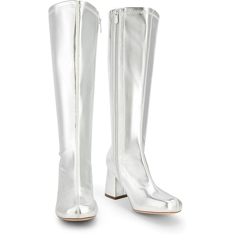 Dream Pairs Womens Size 6 Shiny Silver 3" Block Heel Zip Up Knee High Gogo Boots