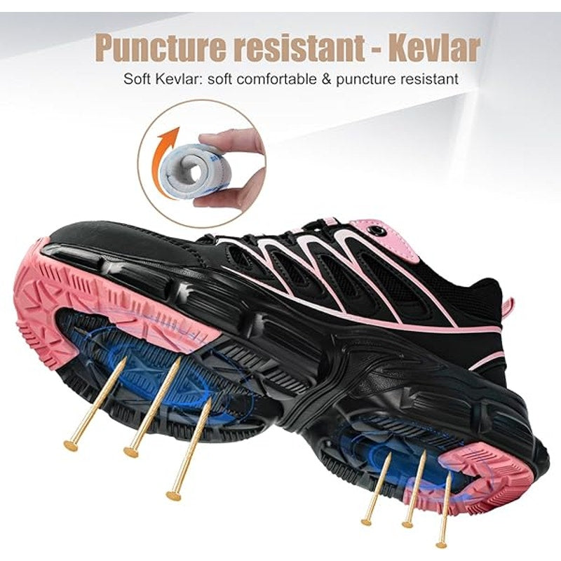 Umburlly Womens 5.5 Black Pink Steel Toe Lace Up Non Slip Composite Work Shoes