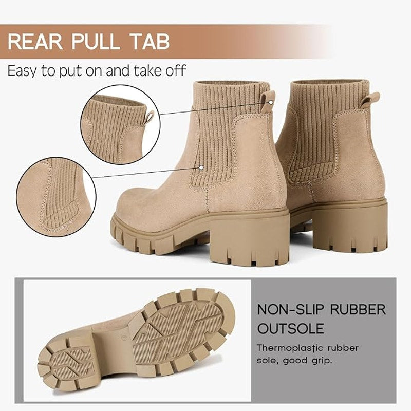 Fitory Womens 8.5 Tan Faux Suede Elastic Ankle Booties Lug Sole Chelsea Boots