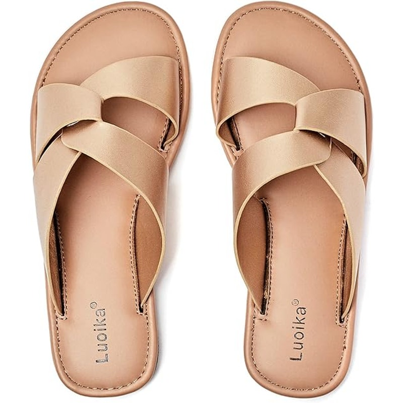 Luoika Womens Size 9W Wide Gold Criss Cross Flat Slide On Sandal Strappy Shoes