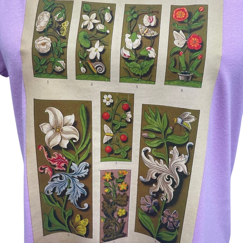 Hand Printed Upcycled Womens Large Vintage Book Page Flower Butterfly Tee Shirt