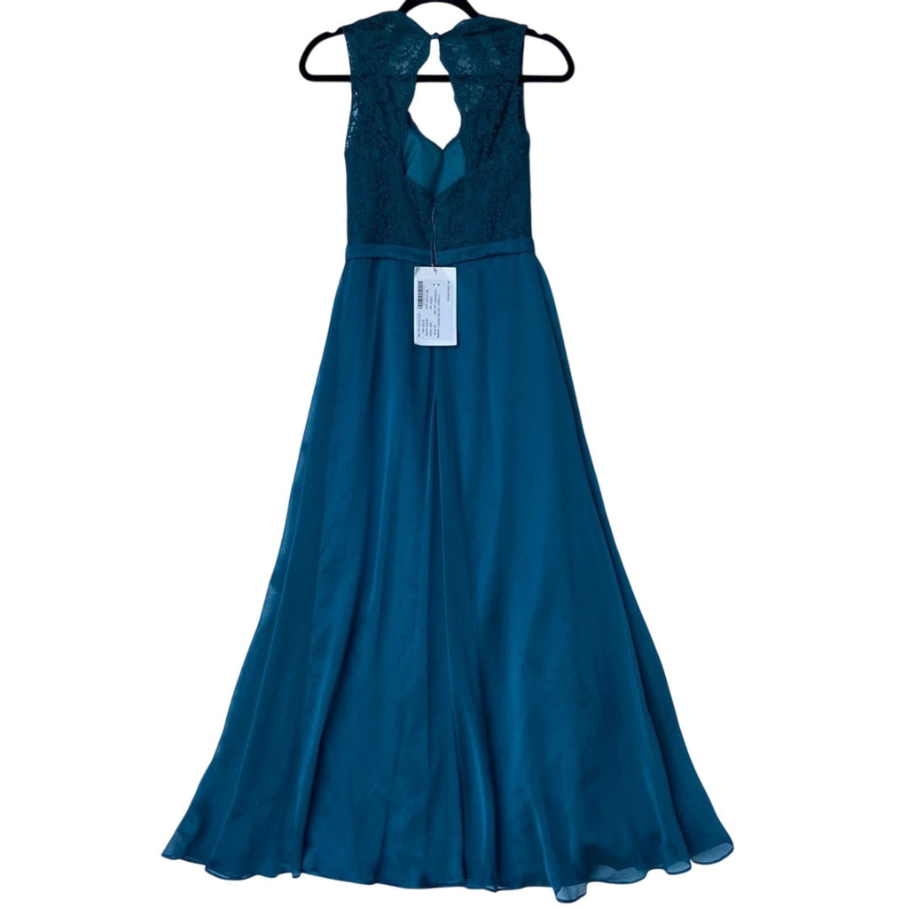 NWT New Belsoie Size 6 Teal Deep V-Neck Floral Lace Lined Sleeveless Maxi Dress
