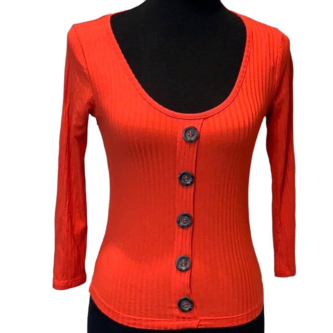 Love J Small Orange Ribbed Faux-Button Stretchy Long Sleeve Scoop Neck Sweater