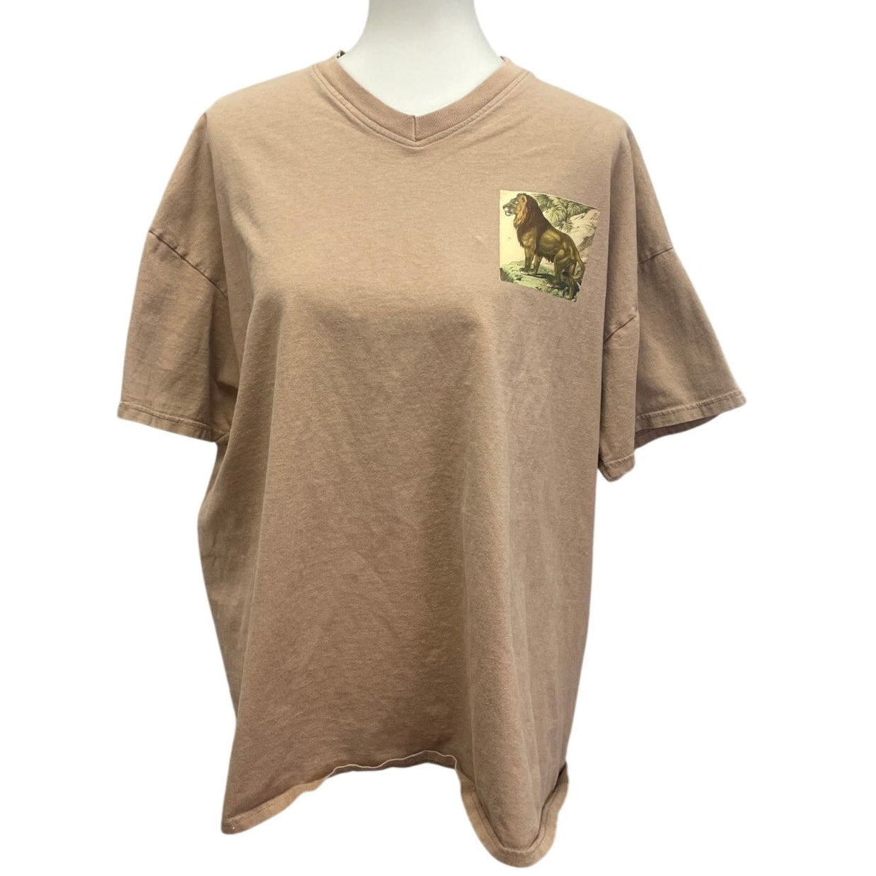 Hand Printed Upcycled Mens XL Wild Lion Cotton Blend Short Sleeve V-Neck Tee