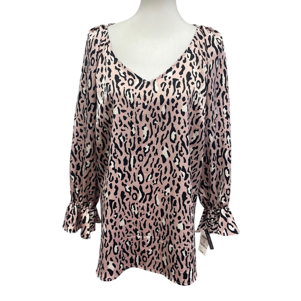 New Bar III Womens 1X Long Sleeve Polyester Leopard Spot V-Neck Flowy Blouse