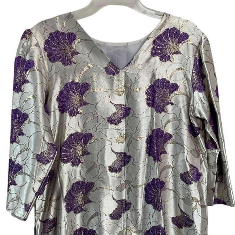 Womens XXL Silver Metallic Purple Floral Long Sleeve V Neck Midi Shift Dress