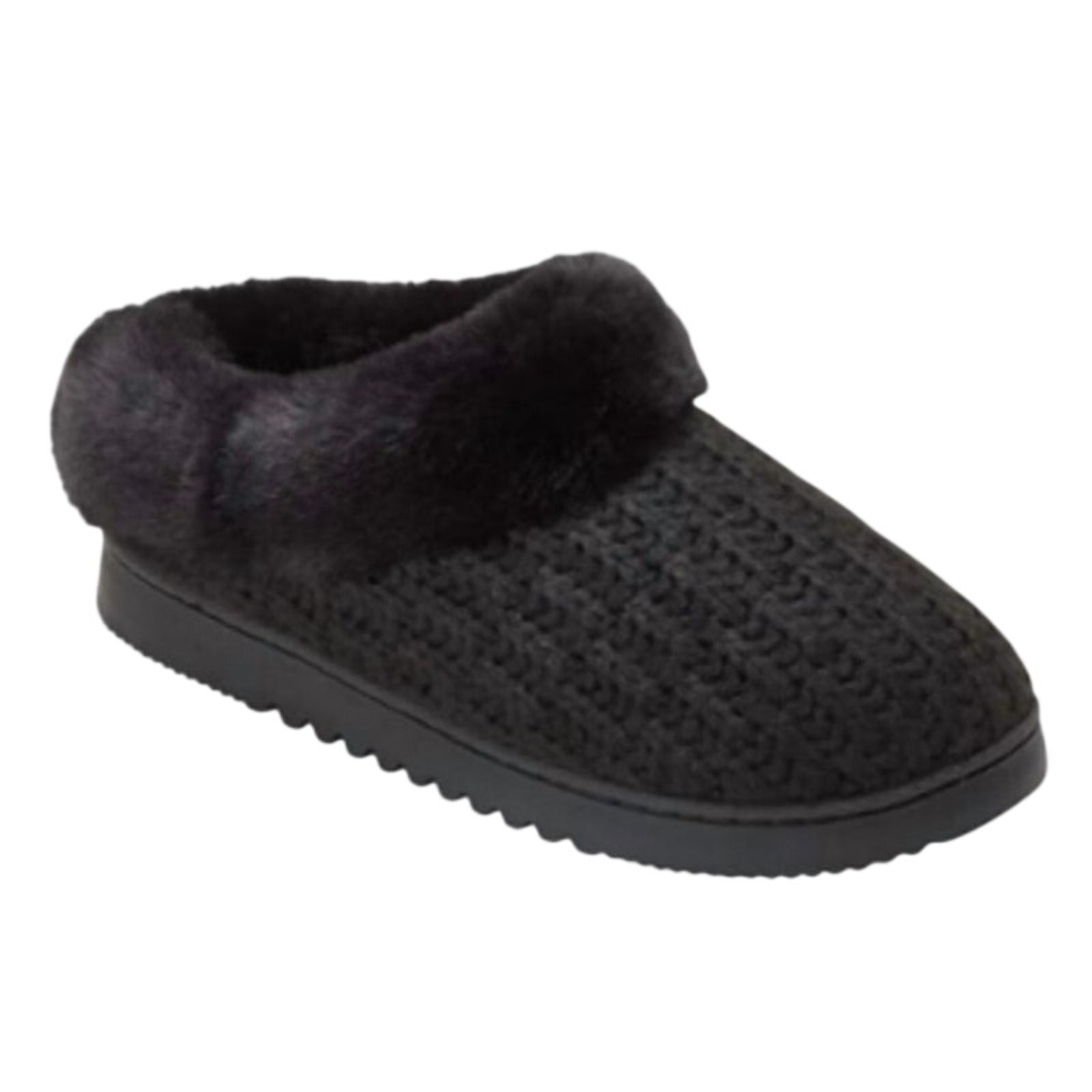Dearfoams Womens Large 9/10 Black Faux Fur Lined Knit Slide On Slippers w Box