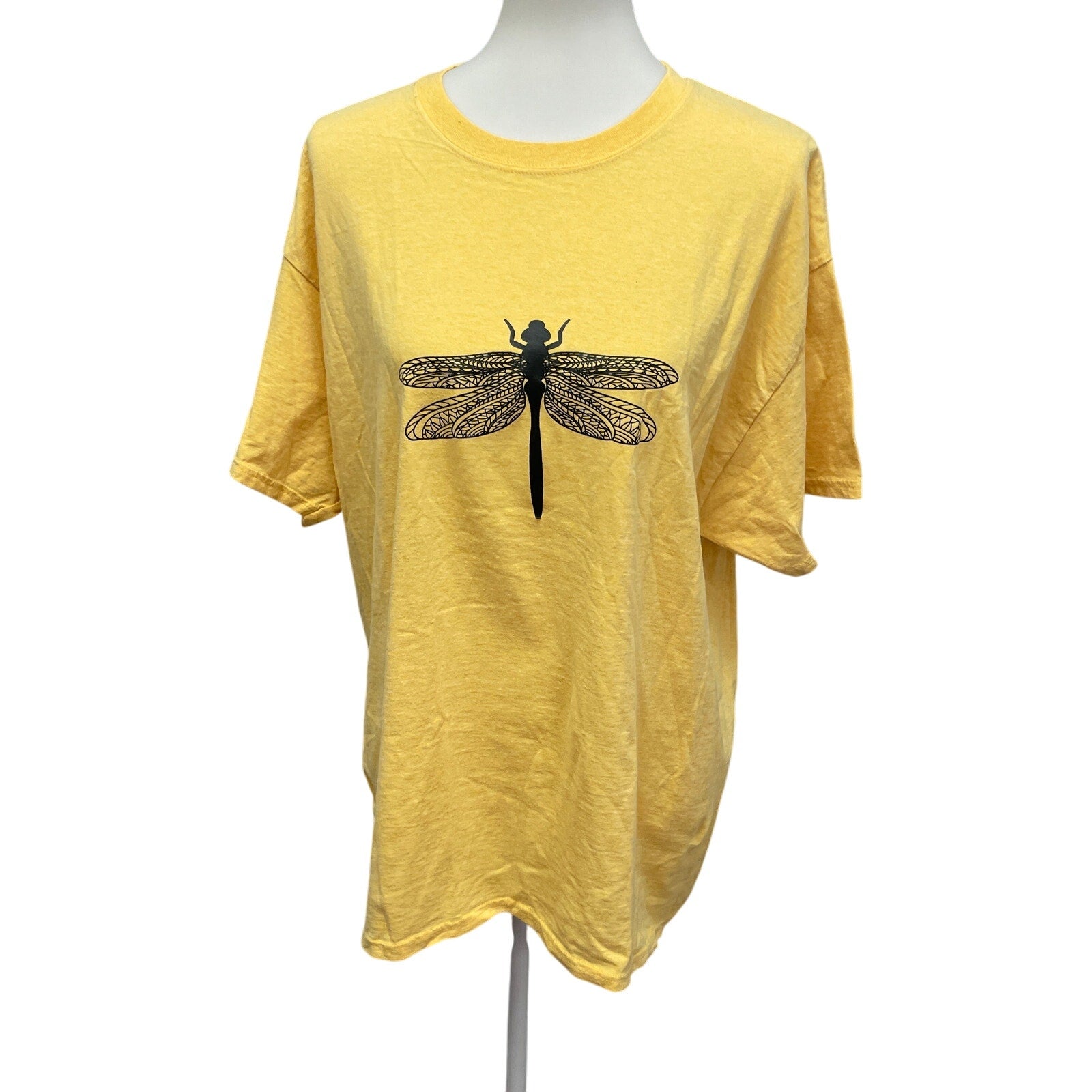 New Hand Printed Mens XL Yellow Dragonfly Short Sleeve Crew Neck Tee Shirt