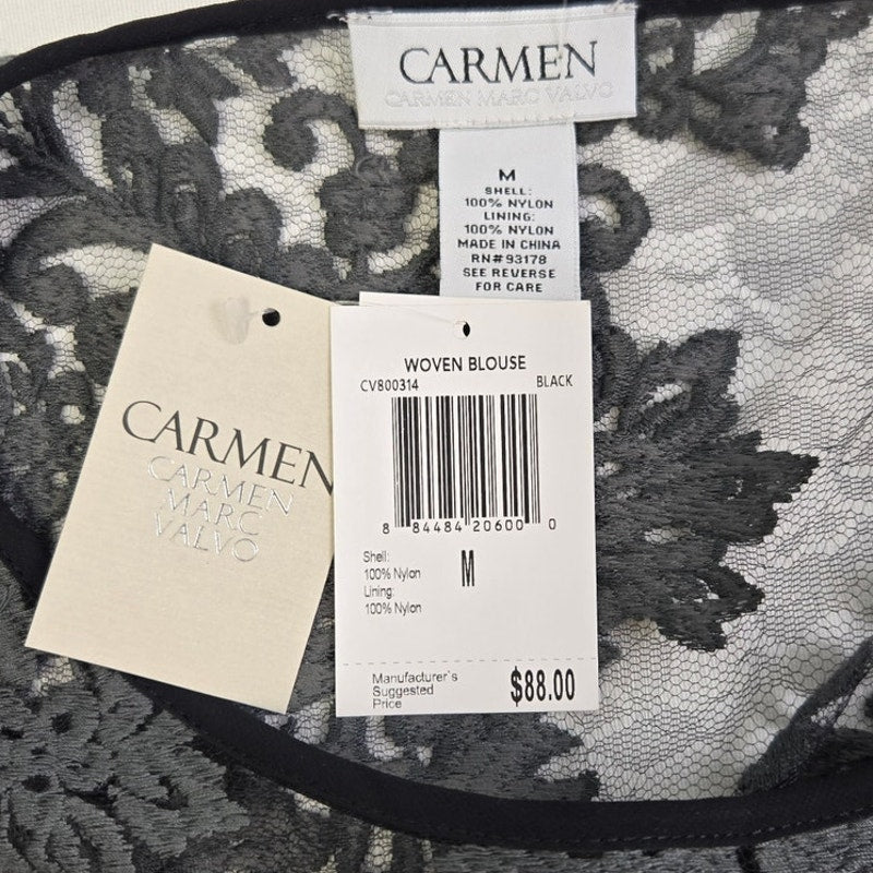 New Carmen Marc Valvo Womens Medium Nylon Lace Overlay Half Bell Sleeve Blouse