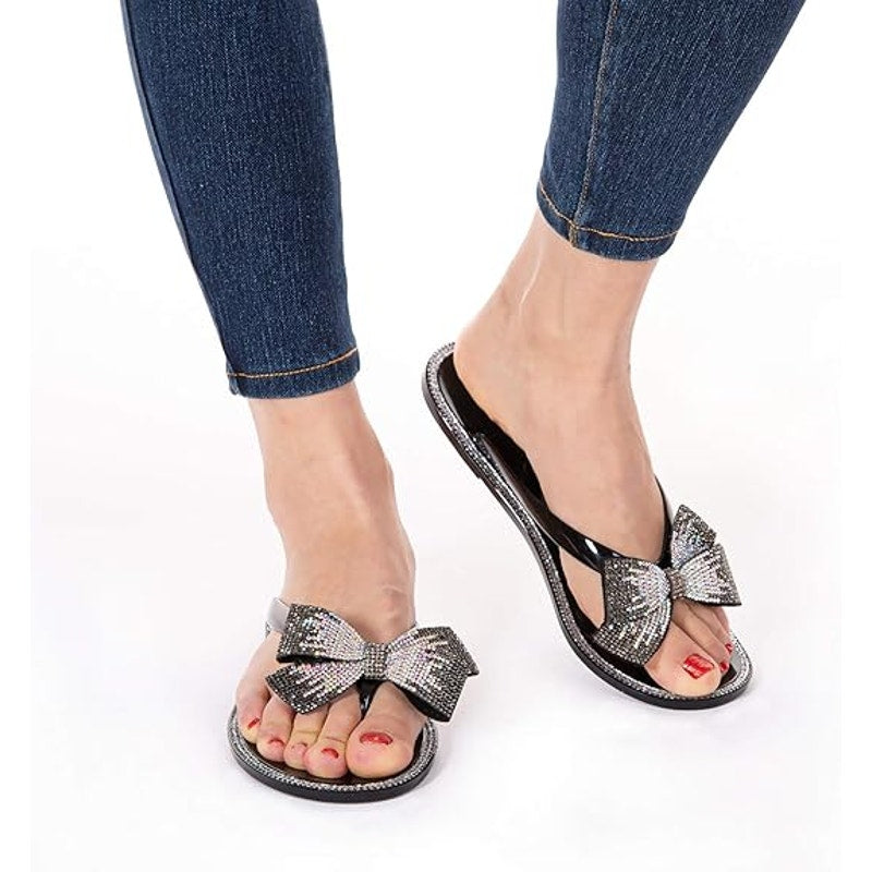 Mtzyoa Women Size 10 Black Rhinestone Flip Flops Open Round Toe Sandal Shoes