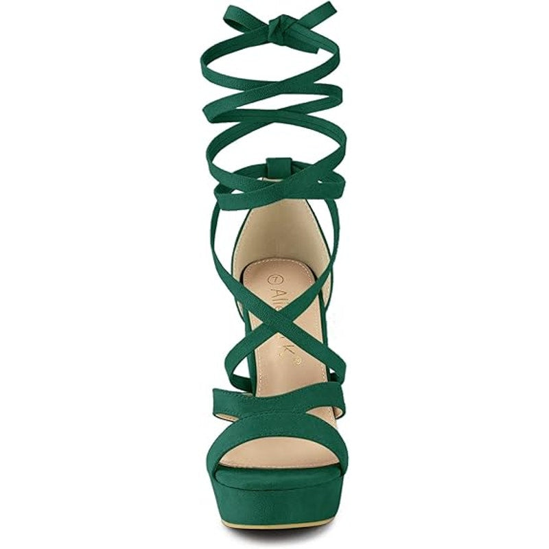 Allegra K Womens Size 8 Green 5.25" Heels Open Round Toe Lace Up Ankle Shoes