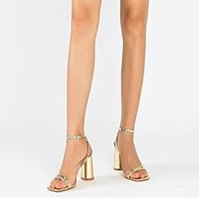 Ribongz Womens 8.5 Shiny Gold Open Toe 4" Chunky Heel Ankle Wrap Sandal Shoes