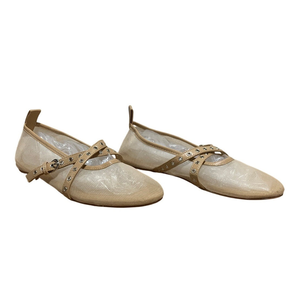 Vimisaoi Womens 8.5 Beige Mesh Ballet Flats Round Closed Toe Buckle Strap Shoes