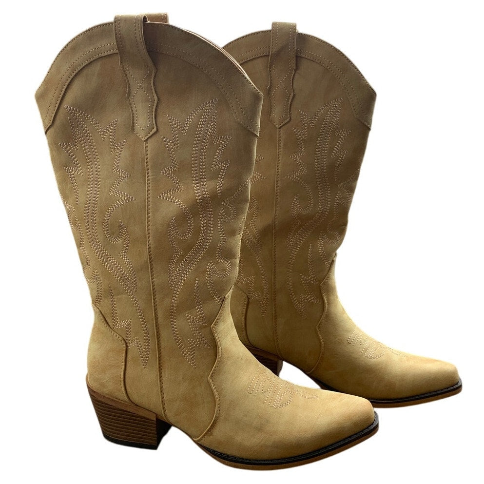 IUV Womens 9.5 Tan Faux Leather 2.25" Block Heel Mid Calf Pull On Cowboy Boots