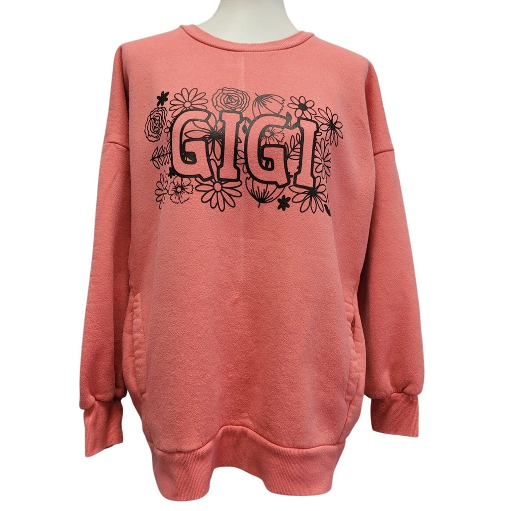 Hand Printed Upcycled Womens Large Gigi Grandma Floral Sweatshirt w Pockets