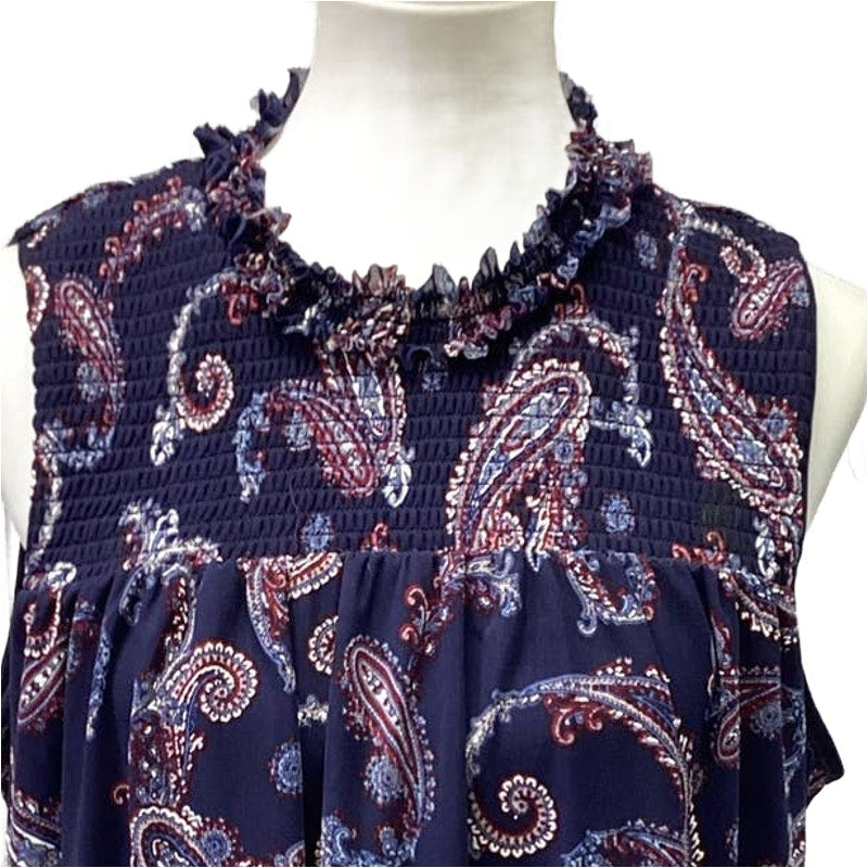 CEst 1946 Womens Large Ruched Paisley Florla Navy Blue Sleeveless Flowy Tank Top