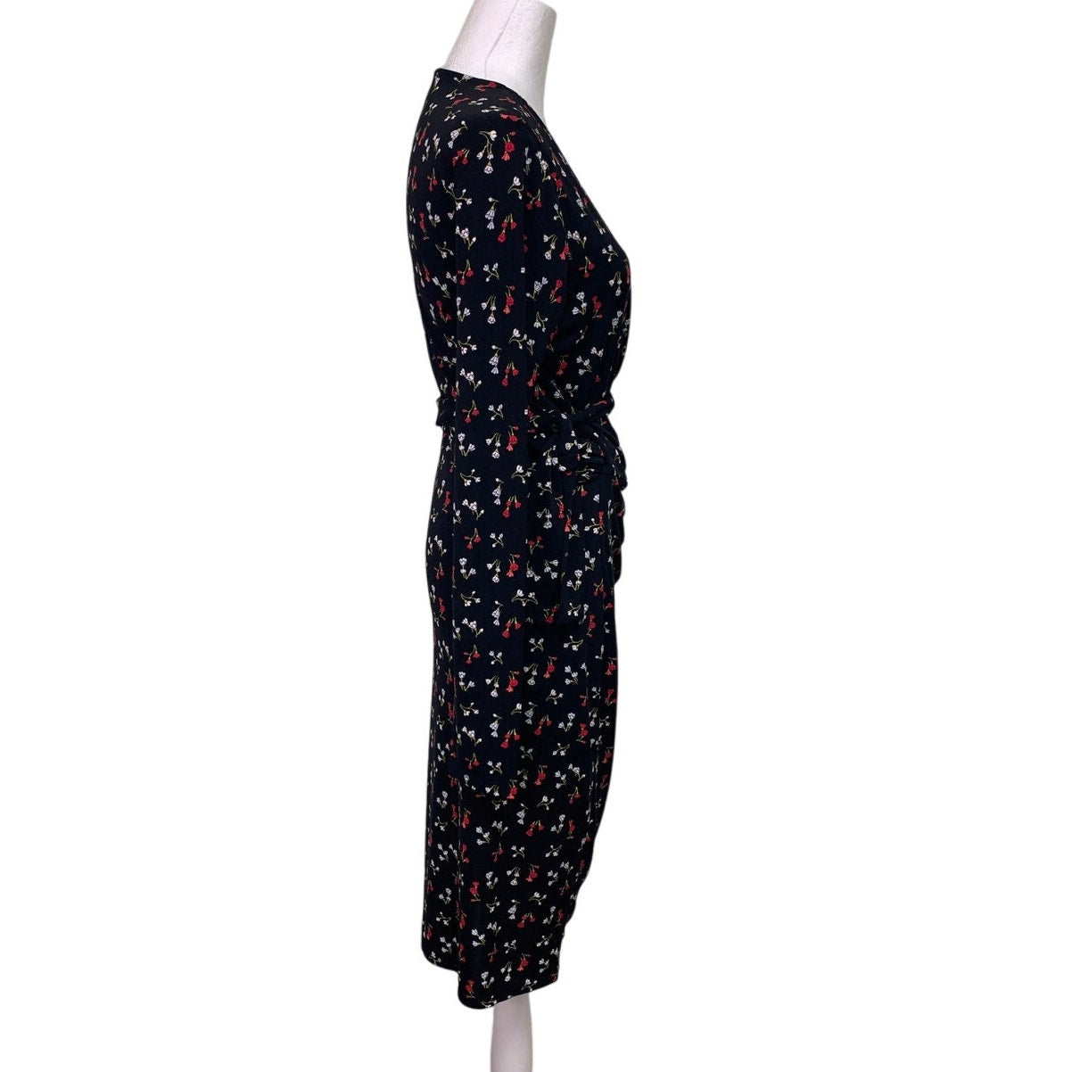 Lark & Ro Womens Medium Red Black Floral Long Sleeve V Neck Belt Tie Wrap Dress