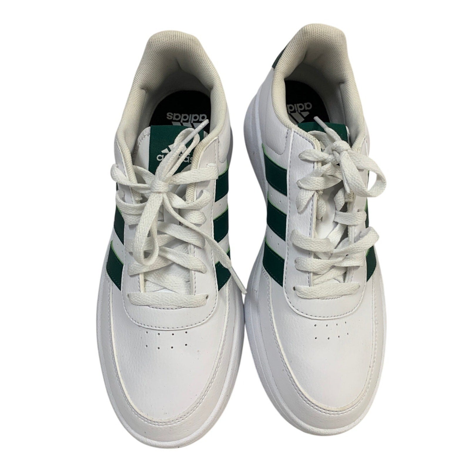 New In Box Adidas Mens Size 11 Breaknet 2.0 White Faux Leather Green Strip Shoes