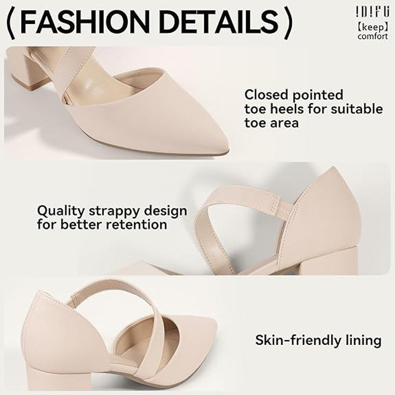 IDIFU Womens Size 6 Tan 2.5" Block Heel Closed Pointy Toe Cross Strap Shoes