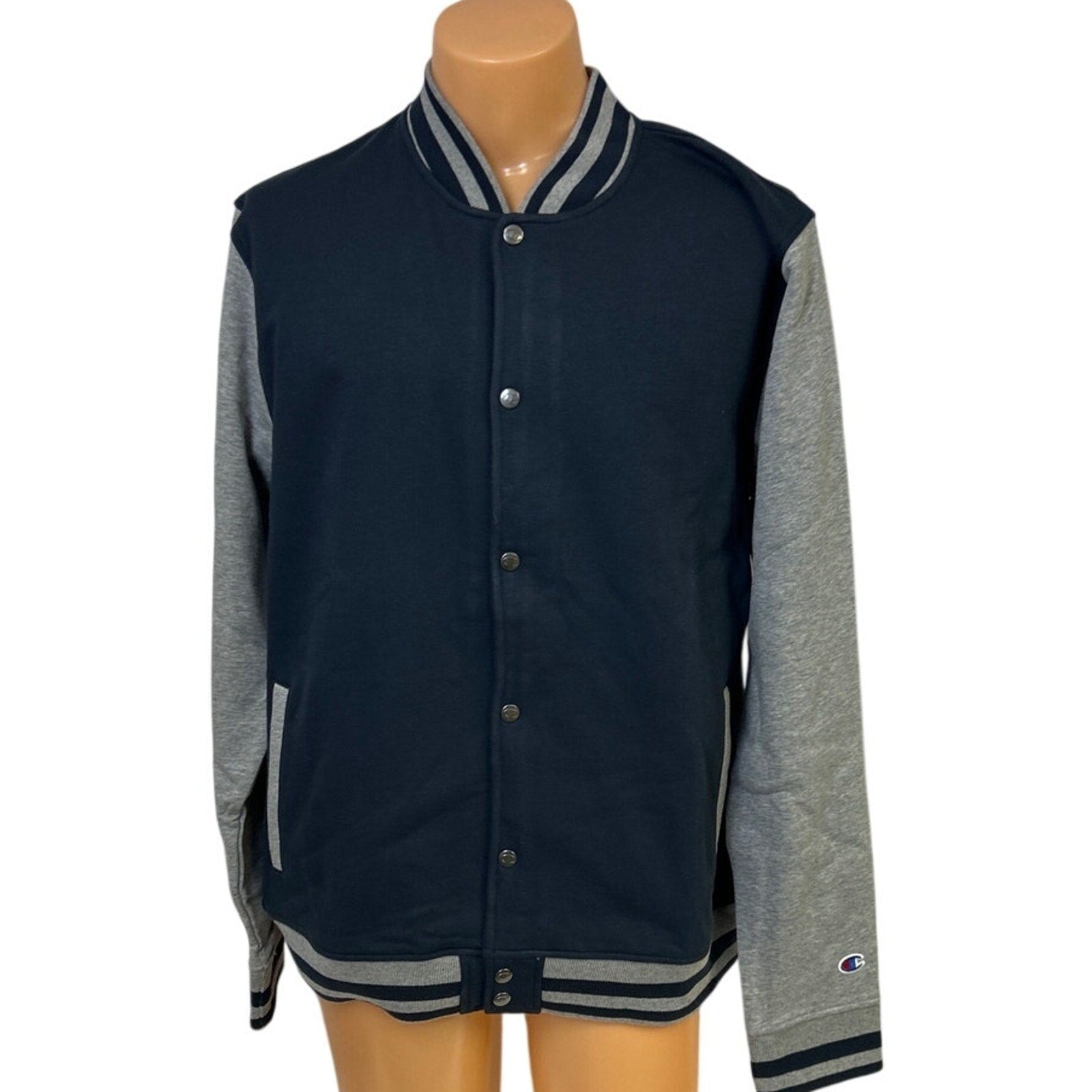 New Champion Mens 2XL Navy Gray Snap Up PolyCotton Athletic Wear Bomber Jacket