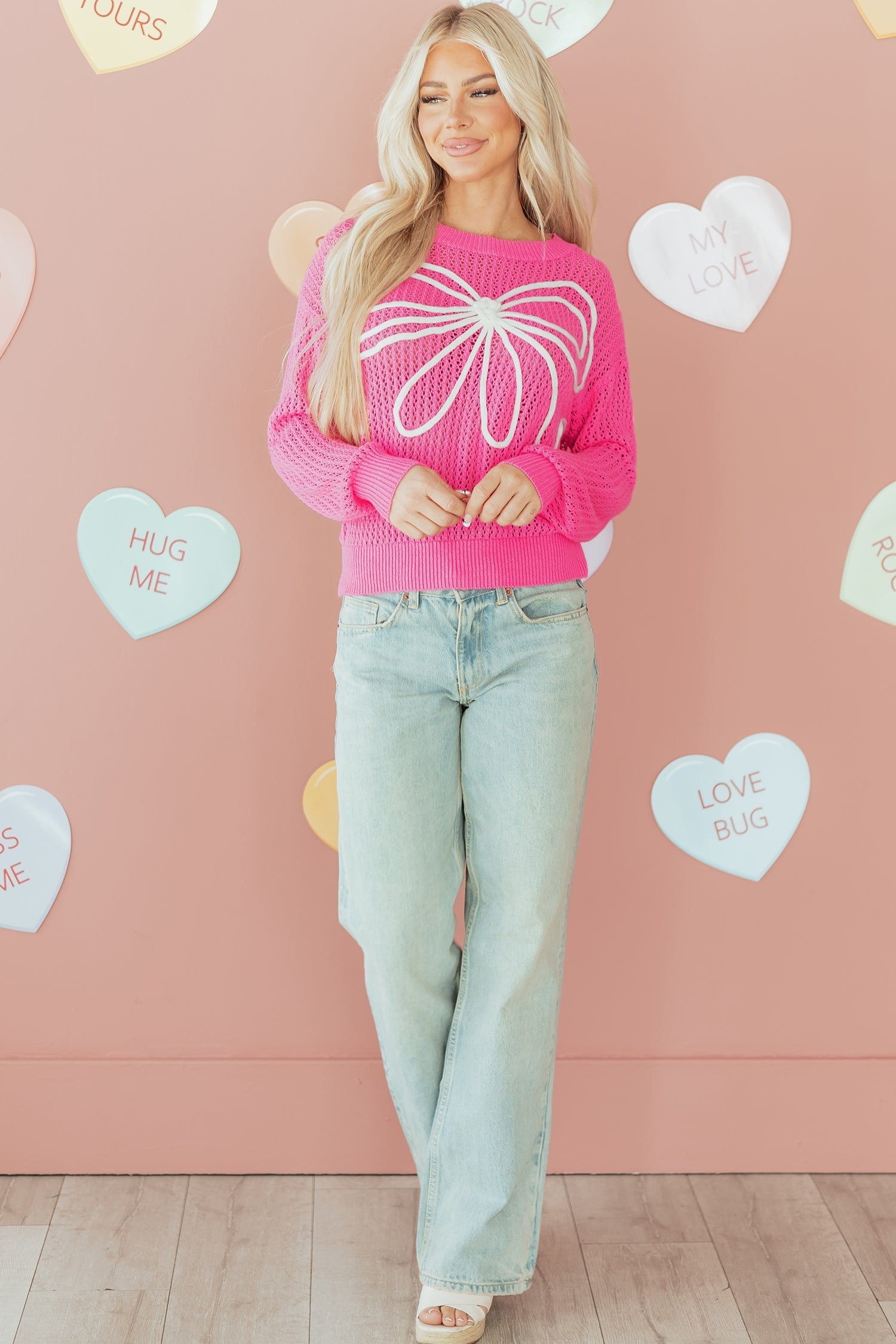 Valentine Bow Hollowed Knit Drop Shoulder Sweater