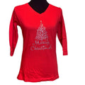 New Hand Printed Small Merry Christmas Tree Rhinestone 3/4 Sleeve Cotton Tee