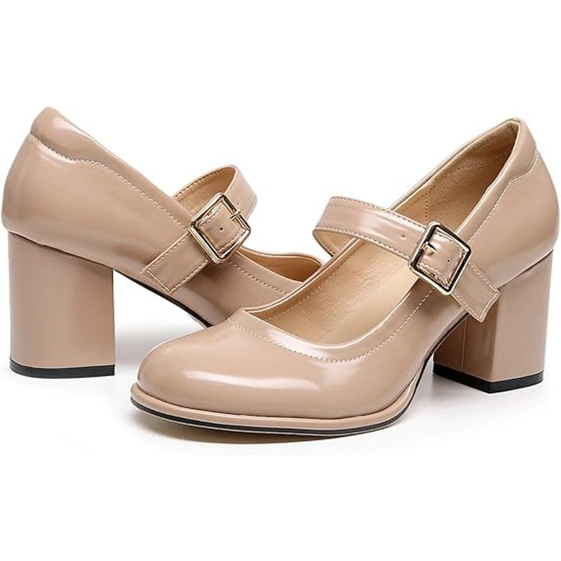 VenusCelia Womens Size 6.5 Nude 3" Heel Mary Jane Closed Round Toe Shoes