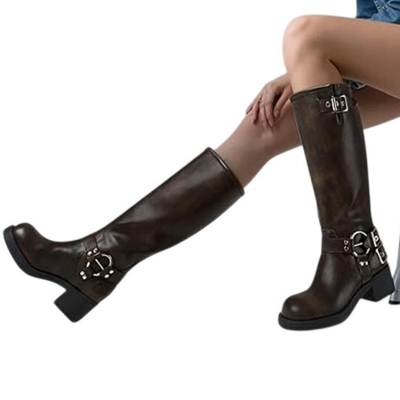 Aminugal Womens Size 9 Brown 1.5" Heels Knee High Boots Round Closed Toe Shoes