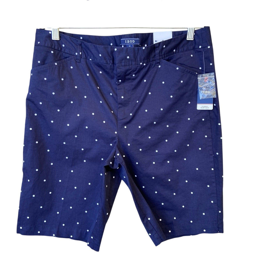 NWT New IZOD Womens Size 12 Navy Blue Cotton Blend Polka Dot Bermuda Short