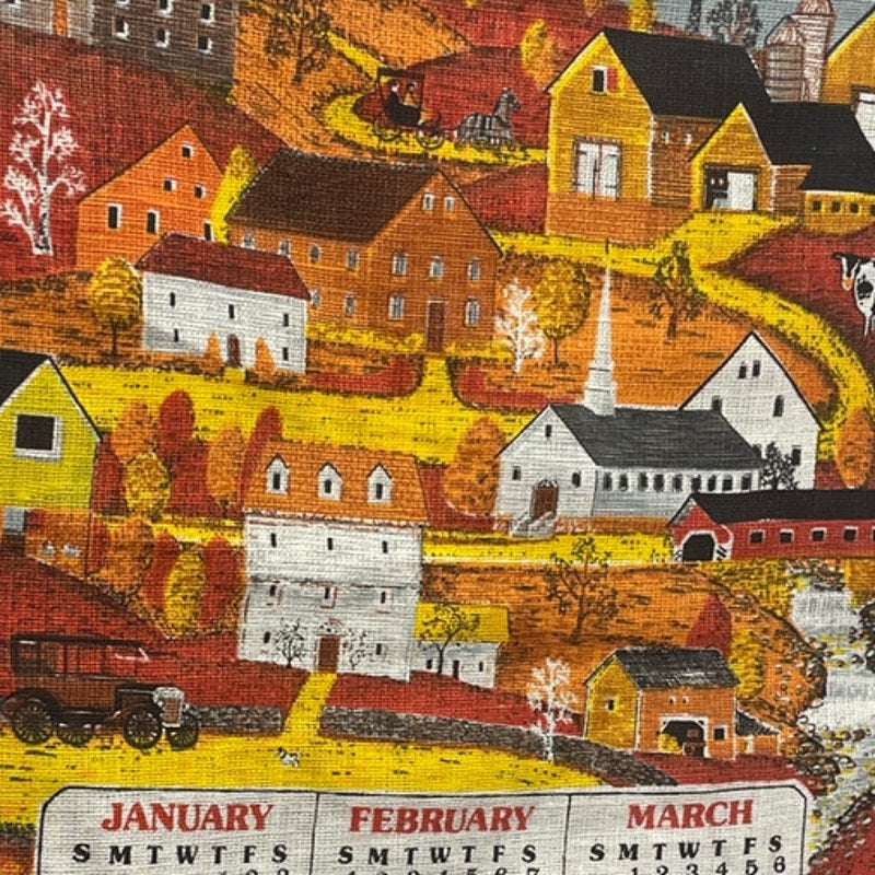Vintage 1976 Woven Fabric Country Farm Houses Hanging Annual Calendar Towel