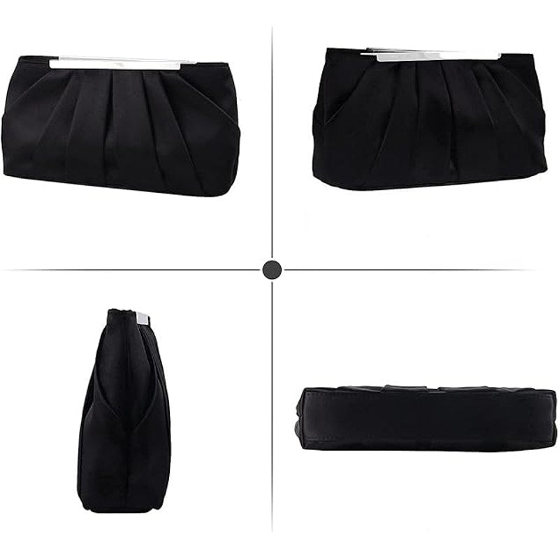 Lanpet Womens Black Silver Pleated Satin Magnetic Close Clutch Handbag