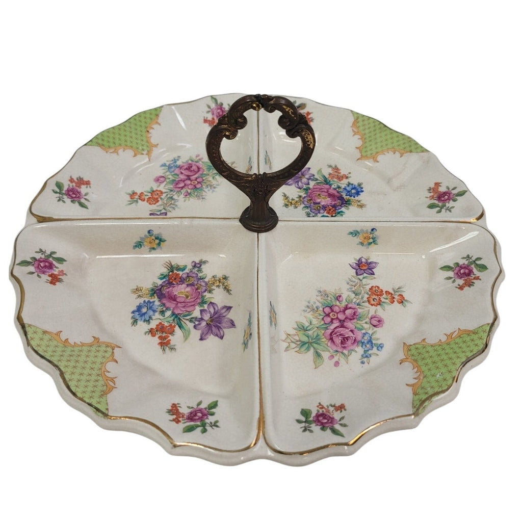 Vintage Made In Japan Floral Fine China Hand Painted Divided Plate Dish w Handle