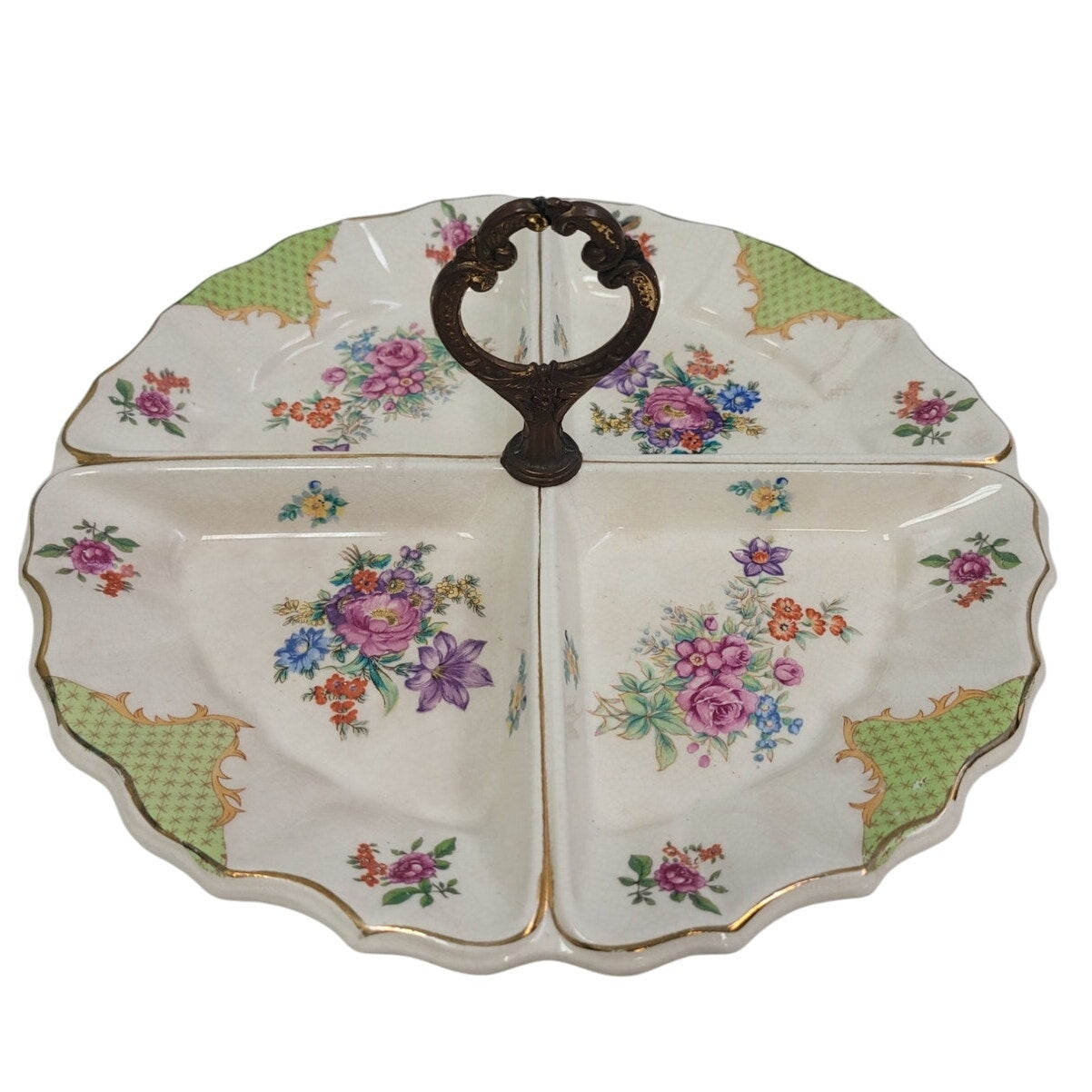 Vintage Made In Japan Floral Fine China Hand Painted Divided Plate Dish w Handle