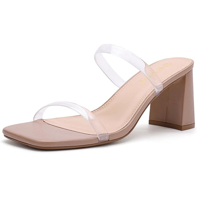 Avidirk Womens Size 8 Tan 2 Clear Strap Square Open Toe Slip on 3" Heels Sandals