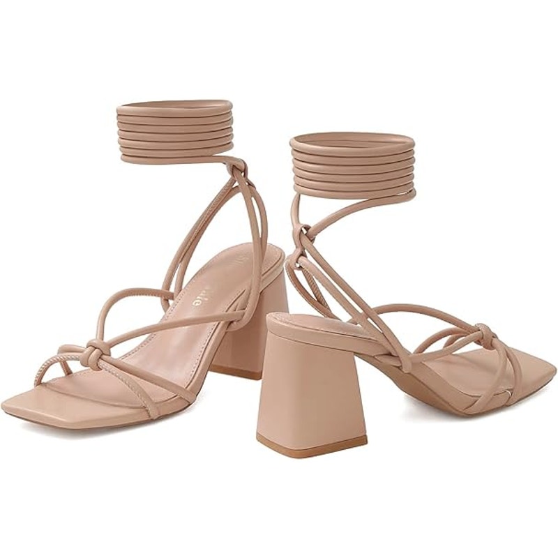 Shoe'N Tale Womens Size 10 Tan Lace Up Open Toe 3" Block Heel Ankle Wrap Shoes