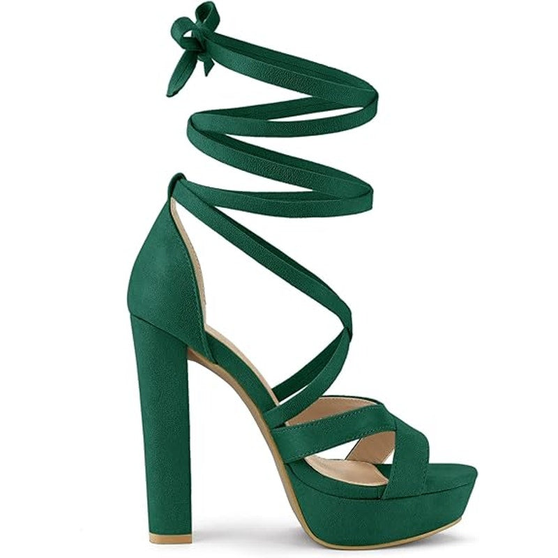 Allegra K Womens Size 8 Green 5.25" Heels Open Round Toe Lace Up Ankle Shoes