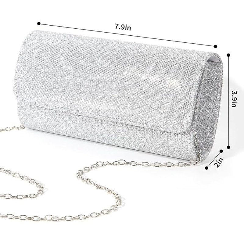 IovyoCoCo Womens Silver Glitter Magnetic Closure Chain Strap Handbag Clutch