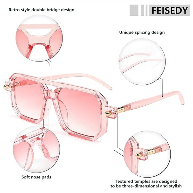 FEISEDY Pink Lens Vintage Square 70s Flat Aviator Sunglasses for Women