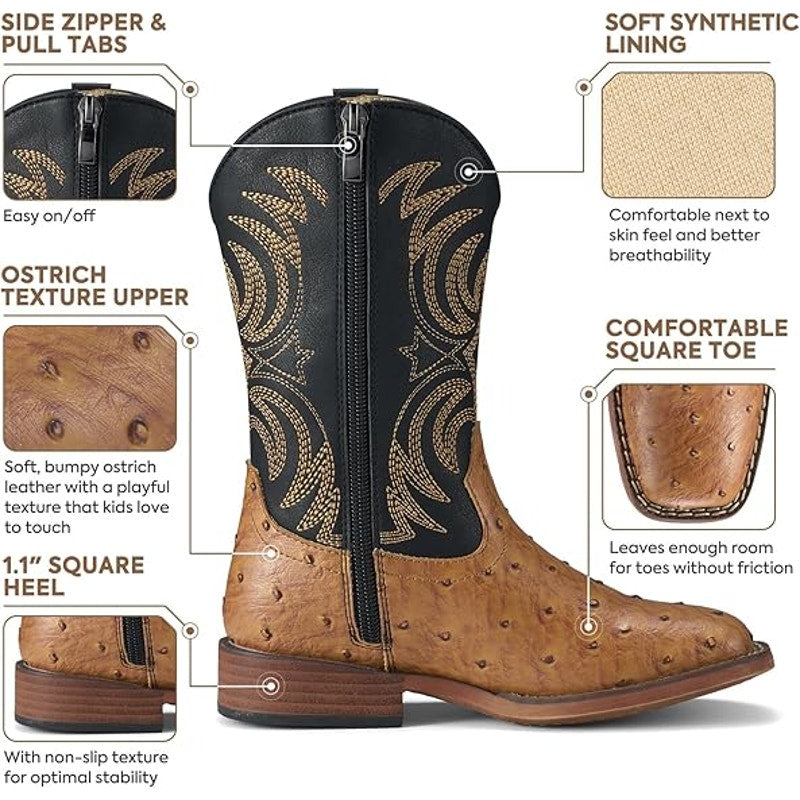 Rollda Boy Size 2 Black Tan Faux Leather Ostrich Square Toe Pull On Cowboy Boots