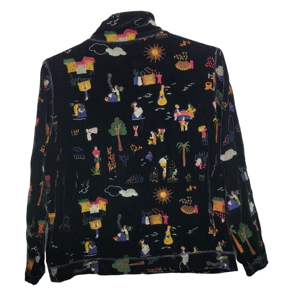 Chicos Design Womens Medium Rayon Silk Embroidered Villager People Zip Jacket