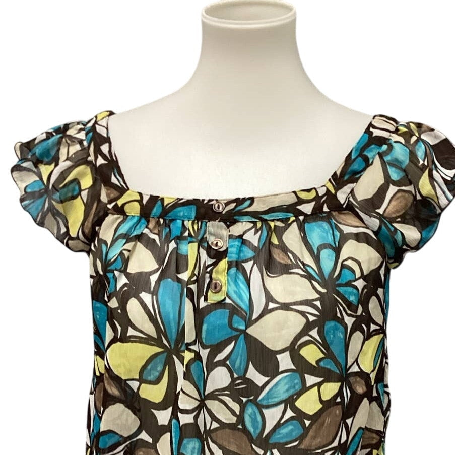 BCX Medium Sheer Gathered Waist Boatneck Ruffled Sleeve Geometric Floral Blouse