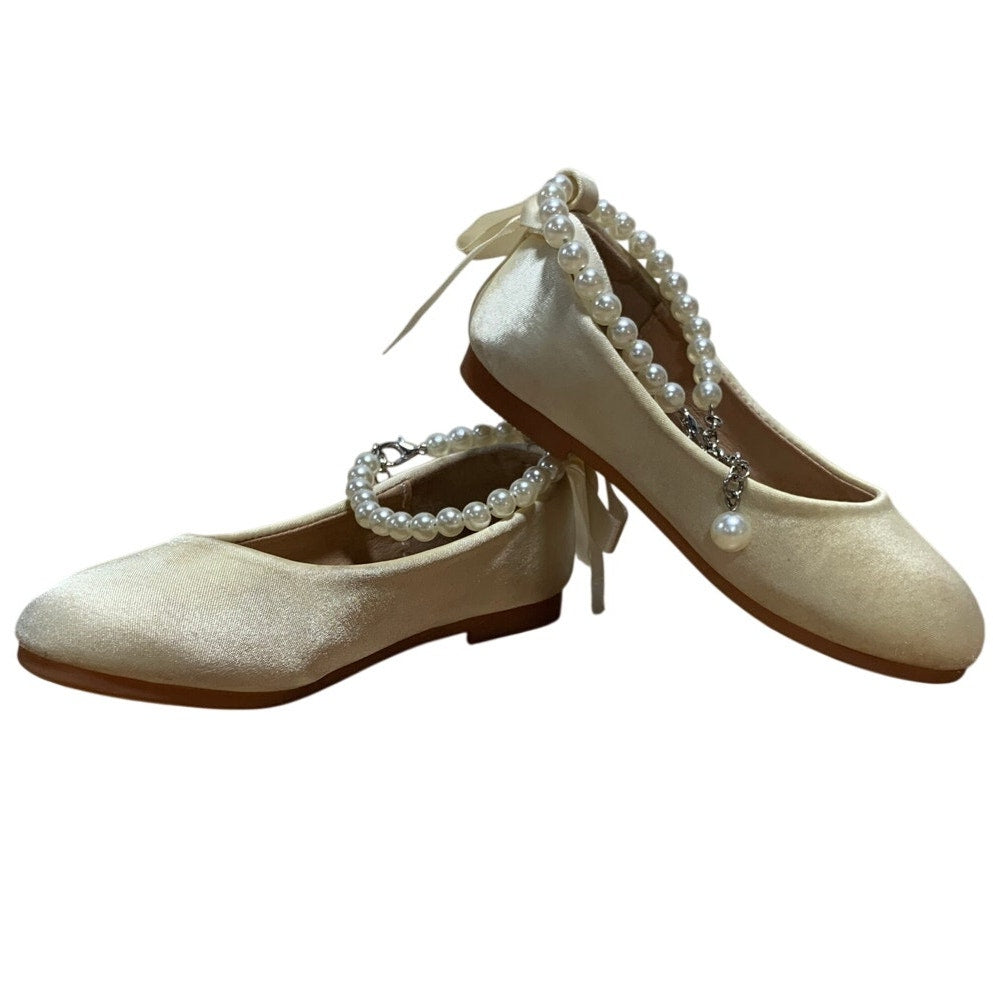 Actlati Toddler Girls 7 Cream Ballet Flats Pearl Ankle Strap Back Bow Shoes
