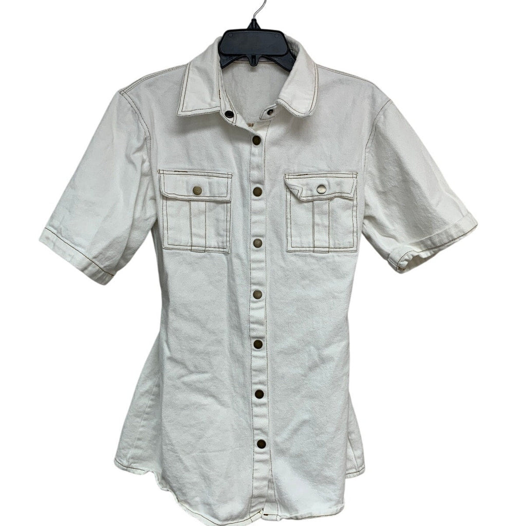 Petal & Pup Womens Size 4 White Hailey Short Sleeve Snap Up Denim Mini Dress