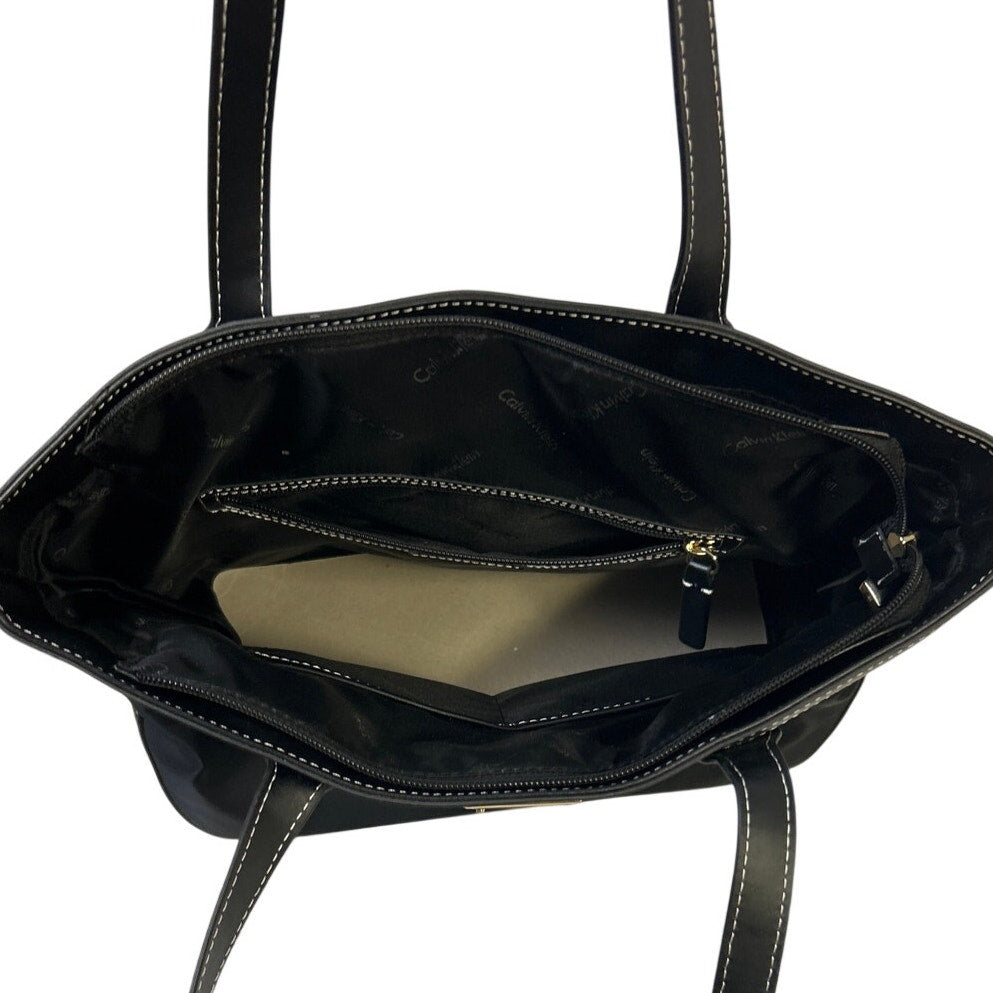 Calvin Klein Womens Black Faux Leather Trim Zipper Close Vinyl Shoulder Hand Bag
