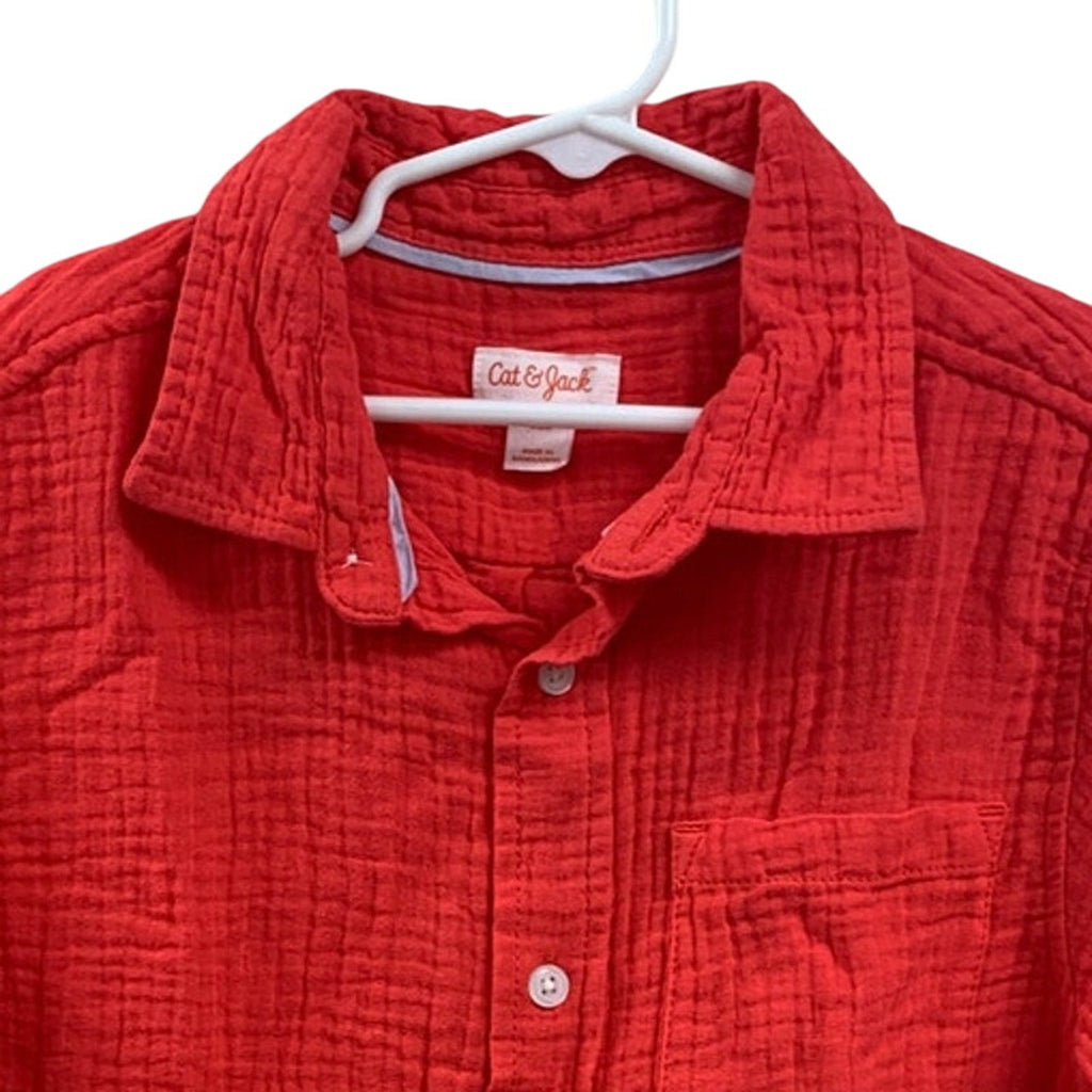 New Cat & Jack Boys Medium Red Melon Short Sleeve 100% Cotton Button Up Shirt