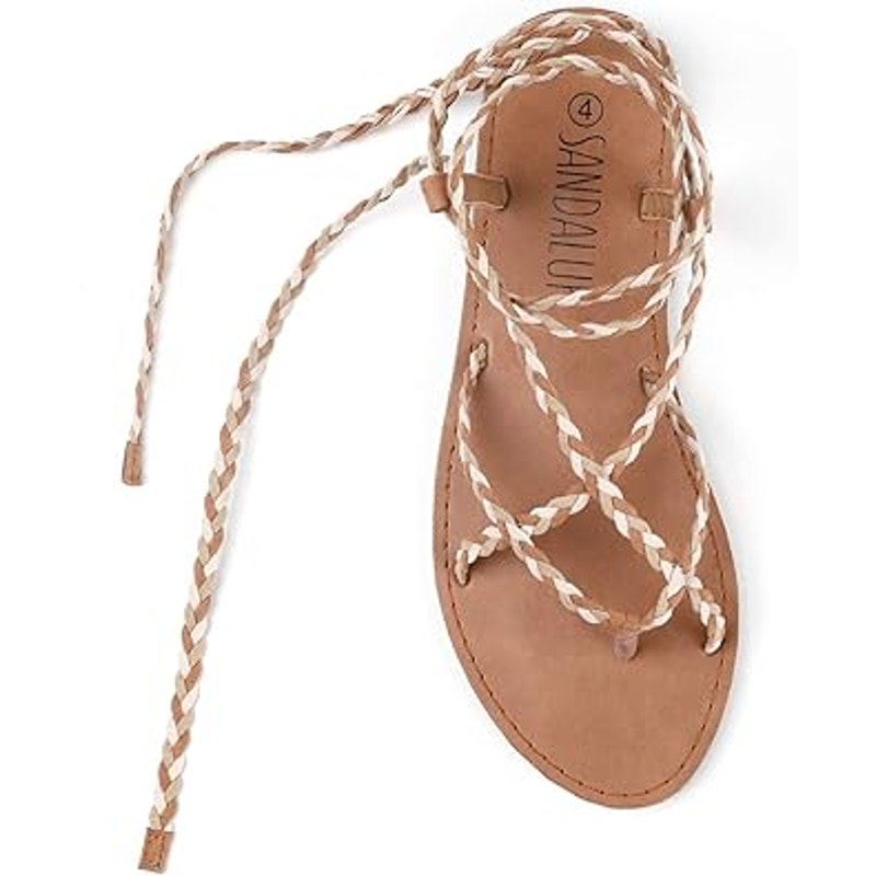 Sandalup Womens Size 8 Tan Strappy Braided Tie Up Sandal Open Toe Shoes