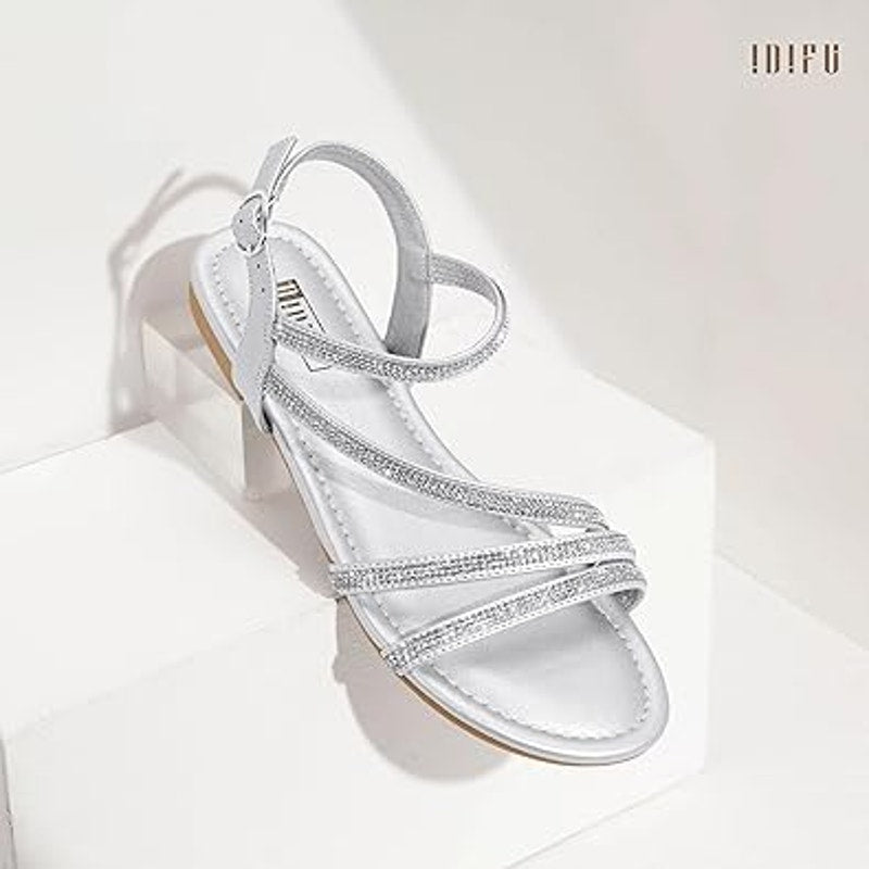 New Idifu Womens Size 10 Silver Rhinestone Sparkle Open Toe Buckle Strap Sandals