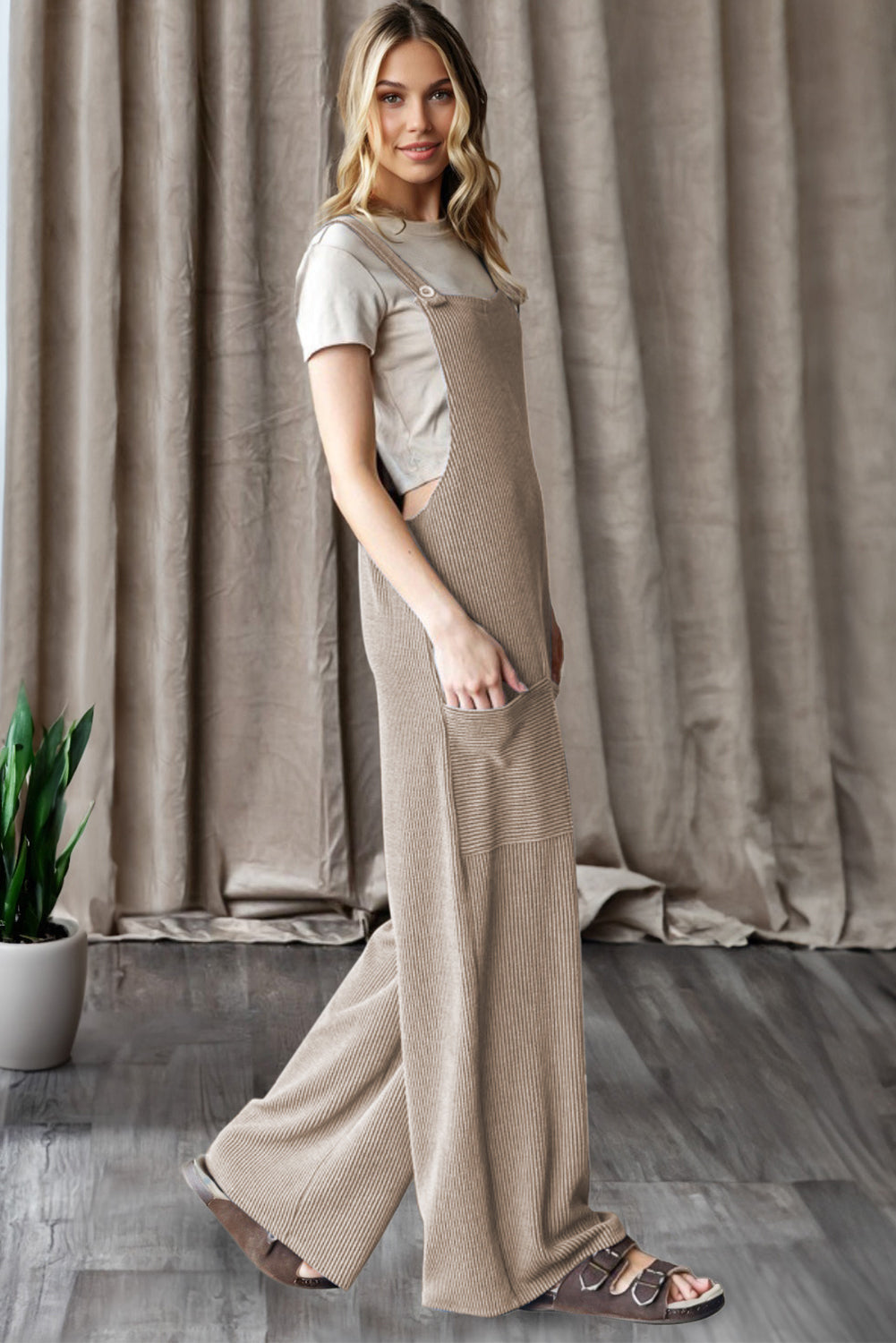 Ribbed Knit Patch Pocket Wide Leg Overalls