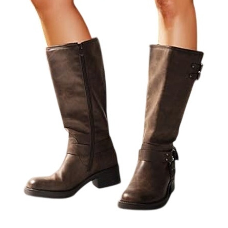 Dream Pairs Womens Size 8 Brown Faux Leather 2" Block Heel Knee High Moto Boots
